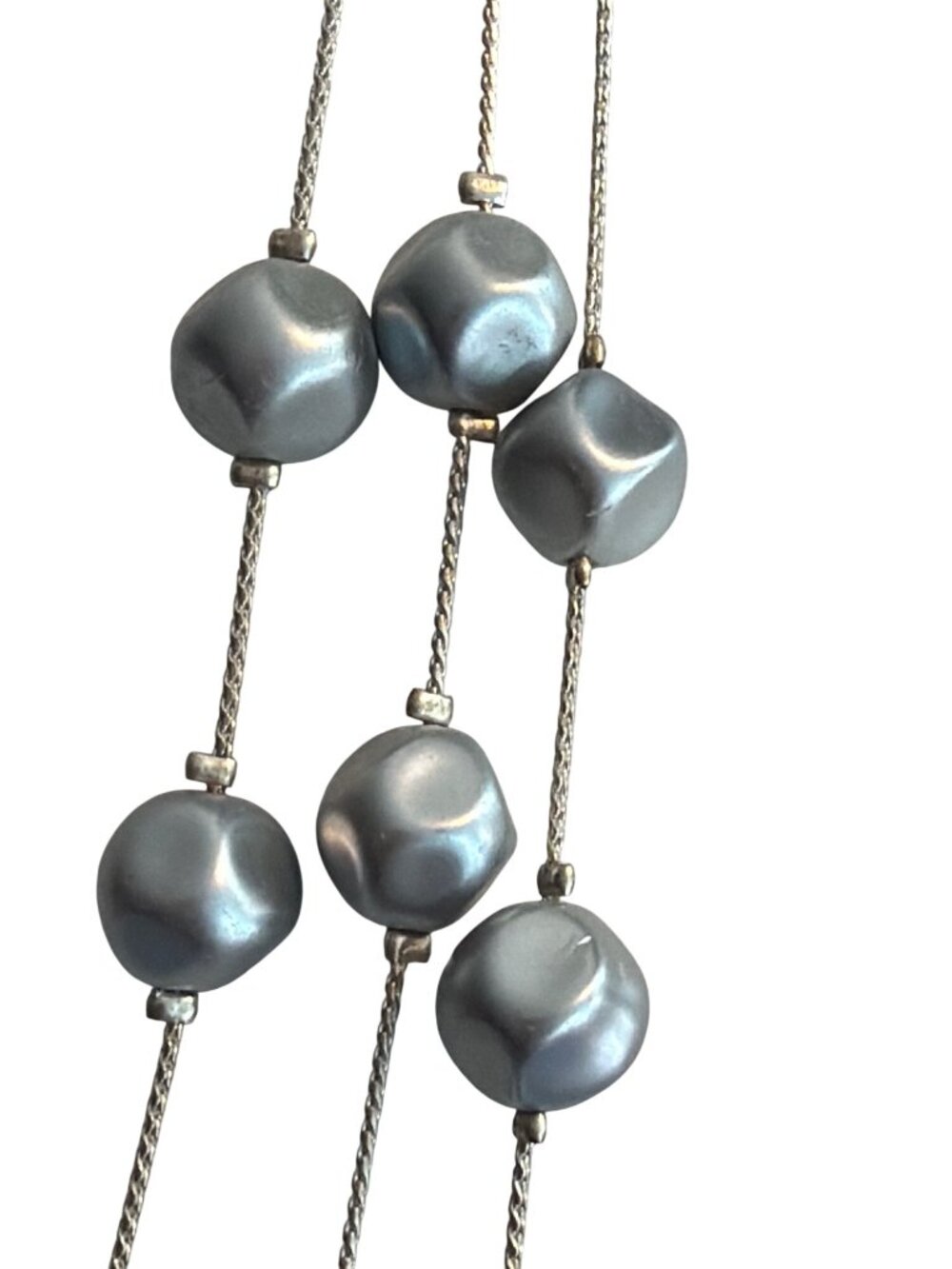 Vintage Silver Tone Multi Strand Necklace Gray Faux Pearl Stations Adj 19" - Picture 2 of 6